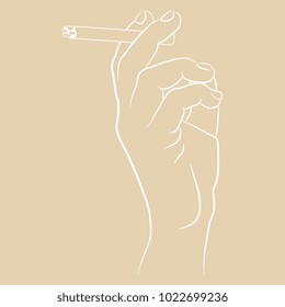 Isolated vector illustration. Human hand holding a cigarette. Hand drawn linear sketch. White silhouette on beige background.