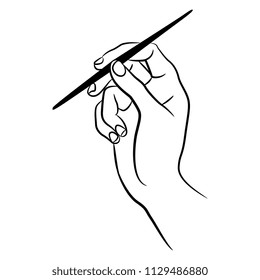 Isolated vector illustration. Human hand holding a pen. Hand drawn linear sketch. Black silhouette on white background.