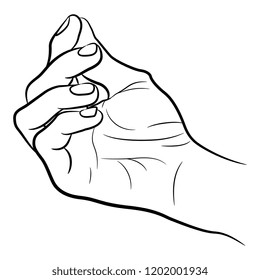 Isolated vector illustration. Human hand in a pinch gesture hoding a tiny object. Hand drawn linear sketch. Black silhouette on white background.