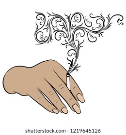 Isolated vector illustration. Human hand holding a cigarette with ornate smoke. Cartoon style.