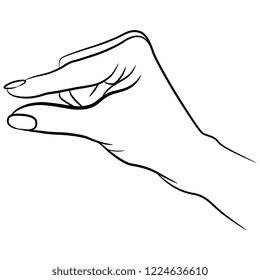 Isolated vector illustration. Human hand holding a tiny object in a pinch gesture. Hand drawn linear sketch. Black silhouette on white background.