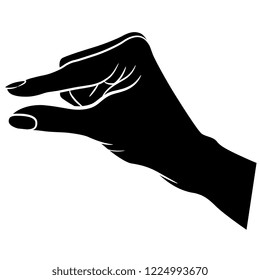 Isolated Vector Illustration. Human Hand Holding A Tiny Object In A Pinch Gesture. Black And White Linear Silhouette. Cartoon Style.