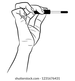 Isolated vector illustration. Human hand holding a mascara. Hand drawn linear sketch. Black silhouette on white background.