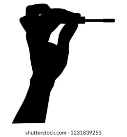 Isolated vector illustration. Human hand holding a mascara. Black silhouette on white background.