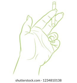 Isolated vector illustration. Human hand holding a cigarette. Hand drawn linear sketch. Green silhouette on white background. Cartoon style.