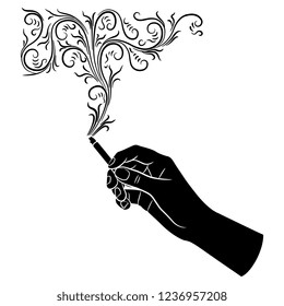 Isolated vector illustration. Human hand holding a cigarette with ornate smoke. Black and white linear silhouette. Cartoon style.