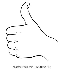 Isolated vector illustration. Human hand in a thumb up OK gesture. Hand drawn linear sketch. Black silhouette on white background.