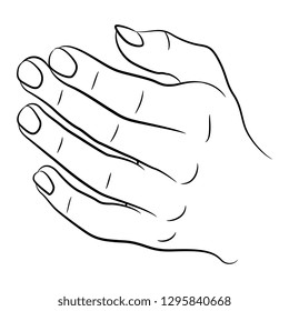 Isolated vector illustration. Human hand. Front view. Hand drawn linear sketch. Black silhouette on white background.