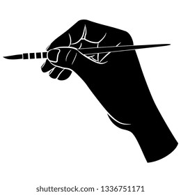 Isolated Vector Illustration. Human Hand Holding A Painting Brush Or A Pen. Black And White Silhouette. Cartoon Style.