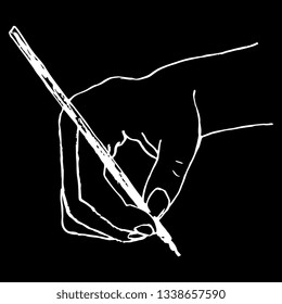 Isolated vector illustration. Human hand holding a pen in writing or drawing gesture. Top view. Hand drawn linear sketch. White silhouette on black background.
