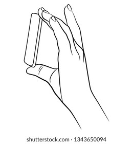 Isolated vector illustration. Human hand holding a cell phone. Black and white linear silhouette. Cartoon style.