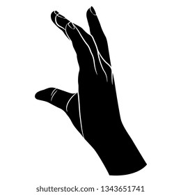 Isolated vector illustration. Human hand in holding gesture. Black and white linear silhouette. Cartoon style.