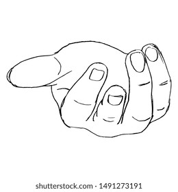 Isolated vector illustration. Human hand with cupped open palm. Front view. Hand drawn linear sketch. Black and white silhouette.