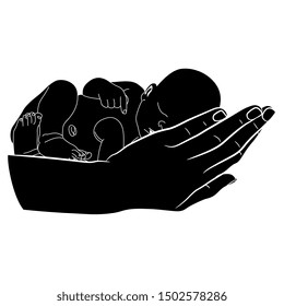 Isolated vector illustration. Human hand holding sleeping newborn baby. Black and white silhouette. 