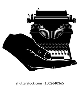 Isolated vector illustration. Human hand holding vintage mechanical typewriter. Black and white silhouette. 
