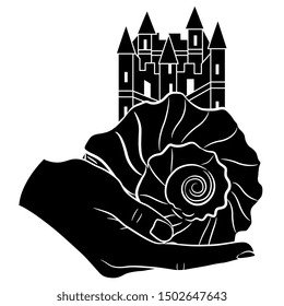 Isolated vector illustration. Human hand holding spiral sea shell with medieval castle on top of it. Black and white silhouette. 