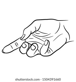 Isolated vector illustration. Human hand with pointing index finger. Black and white linear sketch.