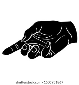 Isolated vector illustration. Human hand with pointing index finger. Black and white sketch.