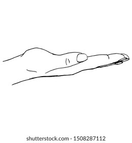 Isolated vector illustration. Human hand in supporting gesture. Black and white linear silhouette. Hand drawn sketch.