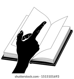 Isolated vector illustration. Human hand with index finger pointing in open book with blank pages. Black and white silhouette.