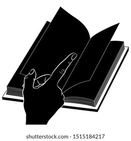 Isolated vector illustration. Human hand with index finger pointing in open book with blank black pages. Black and white silhouette.