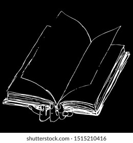 Isolated vector illustration. Human hand holding a book with open pages. White silhouette on black background. Hand drawn doodle sketch.  