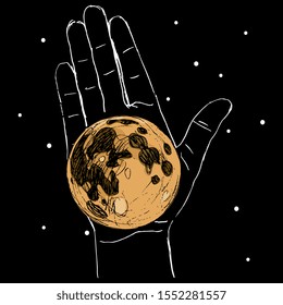 Isolated vector illustration. Human hand in cosmic space holding planet Moon. Concept of science and exploration.