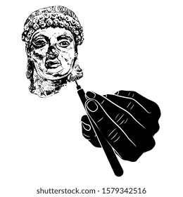 Isolated vector illustration. Human hand drawing the head of ancient Greek goddess. Metaphor for humankind making its own history. Black and white silhouette. Man creates his god. Art studio logo.