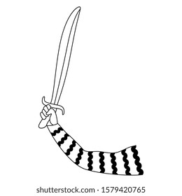 Isolated vector illustration. Human hand in stripped sleeve holding sword. Ancient Greek vase motif. Black and white silhouette.