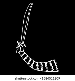 Isolated vector illustration. Human hand in striped sleeve holding sword. Ancient Greek vase motif. Hand drawn linear doodle sketch. White silhouette on black background.