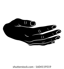 Isolated vector illustration. Human hand in supporting, holding or protecting gesture. Black and white silhouette.