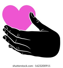 Isolated vector illustration. Human hand holding stylized heart. Valentine's Day decor.