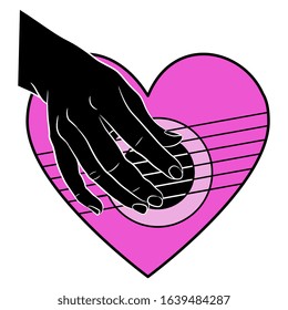 Isolated vector illustration. Human hand playing the heart as guitar. Strings of love. Romantic Valentine's Day decor. Creative concept.