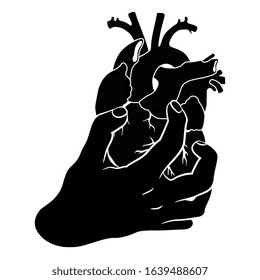 Isolated vector illustration. Human hand gripping human heart. Black and white silhouette. Abstract concept.