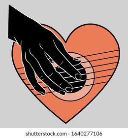 Isolated vector illustration. Human hand playing the heart as guitar. Strings of love. Romantic Valentine's Day decor. Creative concept.