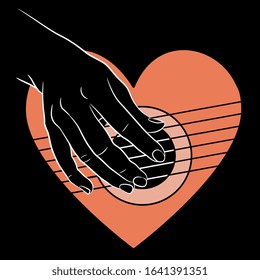 Isolated vector illustration. Human hand playing the heart as guitar. Strings of love. Romantic Valentine's Day decor. Creative concept.