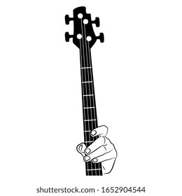 Isolated vector illustration. Human hand holding electric bass guitar. Guitarist hand. Black and white silhouette.