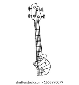 Isolated vector illustration. Human hand holding electric bass guitar. Hand drawn linear doodle ink sketch. Black silhouette on white background.