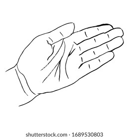 Isolated vector illustration. Human hand. Open female palm. Hand drawn linear doodle ink sketch. Black silhouette on white background. Showing gesture. Direction sign.