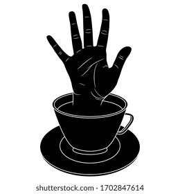 Isolated vector illustration. Human hand with open fingers greeting from cup of tea or coffee. Black and white silhouette. Creative funny concept.