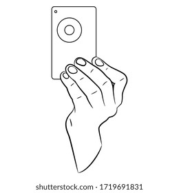  Einzige Vektorgrafik. Menschliche Hand, die eine Kamera hält. Fotografieren von Selfie. Schwarz-Weiß-Silhouette. Cartoon-Stil.