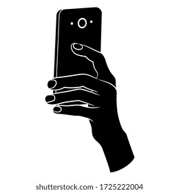 Isolated vector illustration. Human hand holding a cell phone. Black and white silhouette. Cartoon style.