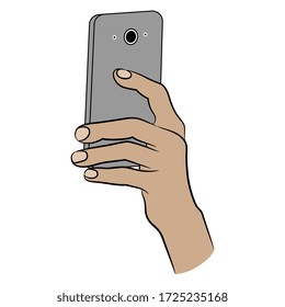 Isolated vector illustration. Human hand holding a cell phone. Cartoon style.