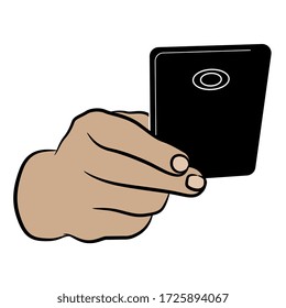 Isolated vector illustration. Human hand holding a cellphone. Cartoon style.