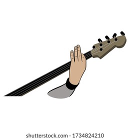Isolated vector illustration. Human hand playing electric bass guitar.