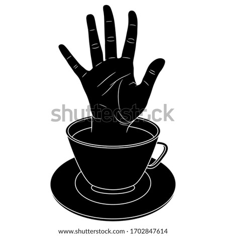 Isolated vector illustration. Human hand with open fingers greeting from cup of tea or coffee. Black and white silhouette. Creative funny concept.