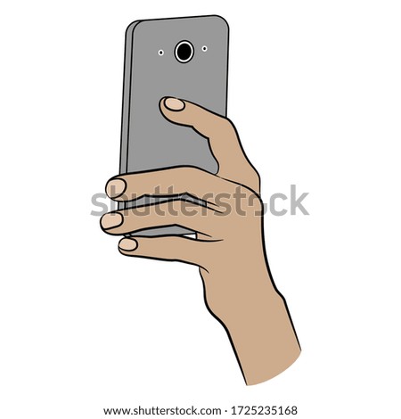 Isolated vector illustration. Human hand holding a cell phone. Cartoon style.