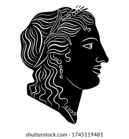 Ilustración vectorial aislada. Cabeza humana de perfil. Diosa antigua. Silueta blanca y negra.