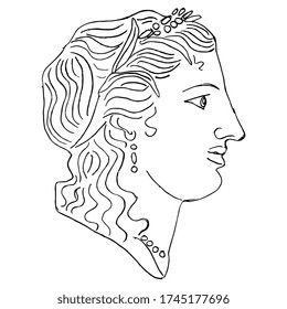 Isolated vector illustration. Human head in profile. Antique goddess. Hand drawn linear doodle ink sketch. Black silhouette on white background.