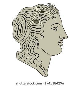 Ilustración vectorial aislada. Cabeza humana de perfil. Diosa antigua. Silueta monocroma.